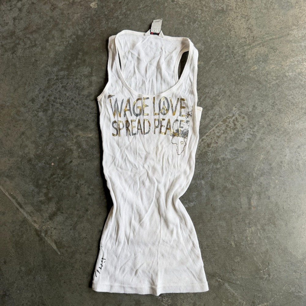 Vintage Y2K Guess Jeans Ribbed Tank Top Love Peace Graphic Womens XS Baby